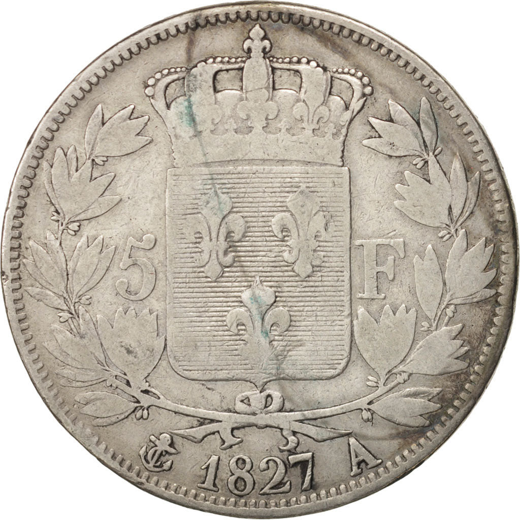 Francia, Charles X, 5 Francs, 1827, Paris, BC, Plata, KM:728.1, Gadoury:644