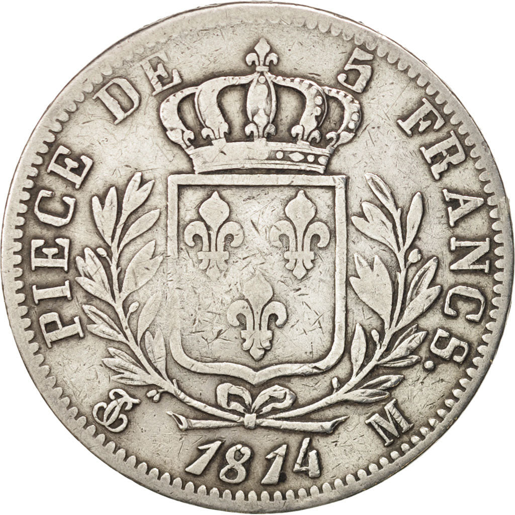 France, Louis XVIII, 5 Francs, 1814, Toulouse,VF(20-25),Silver,KM 702.9