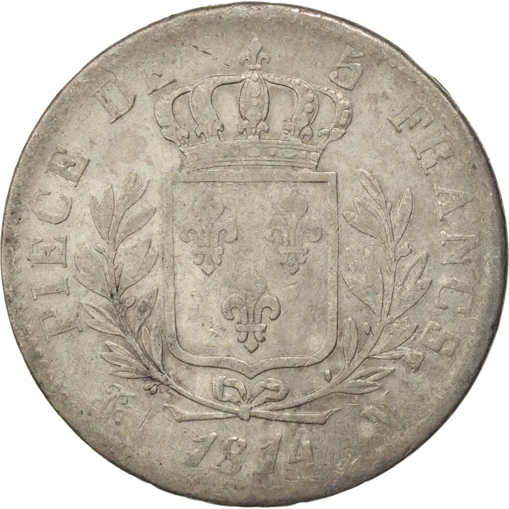 France, Louis XVIII, 5 Francs, 1814, Toulouse, F(12-15), Silver,KM 702.9