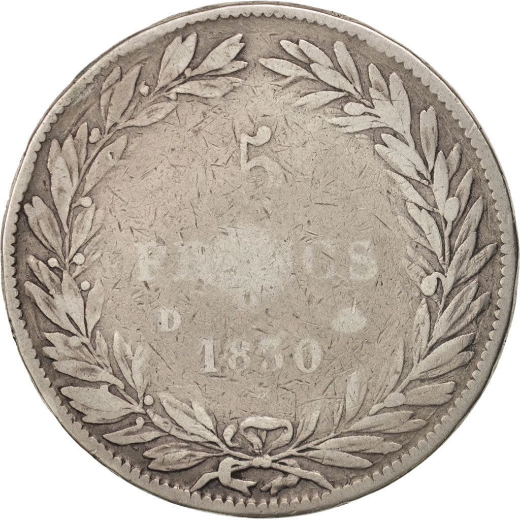 Moneda, Francia, Louis-Philippe, 5 Francs, 1830, Lyon, BC, Plata, KM:737.3