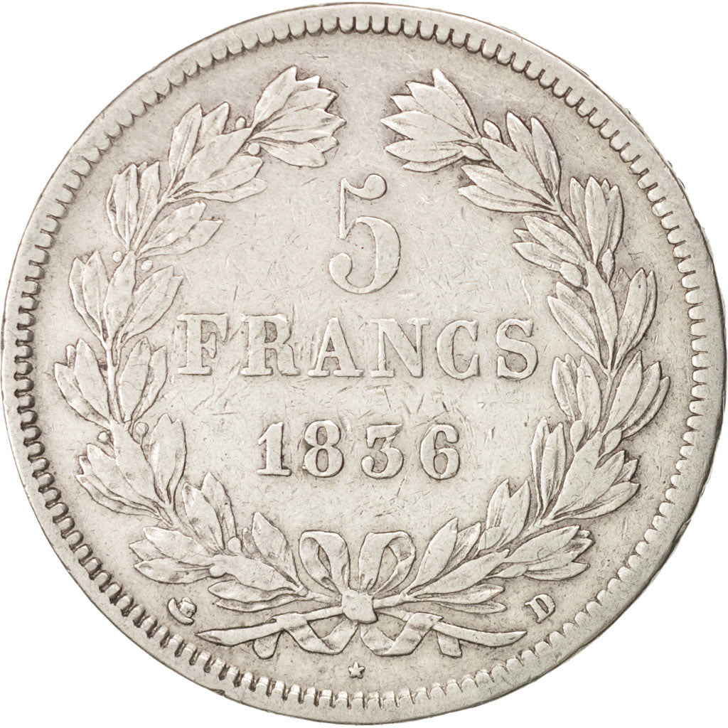 Coin, France, Louis-Philippe, 5 Francs, 1836, Lyon, VF(30-35), Silver, KM:749.4