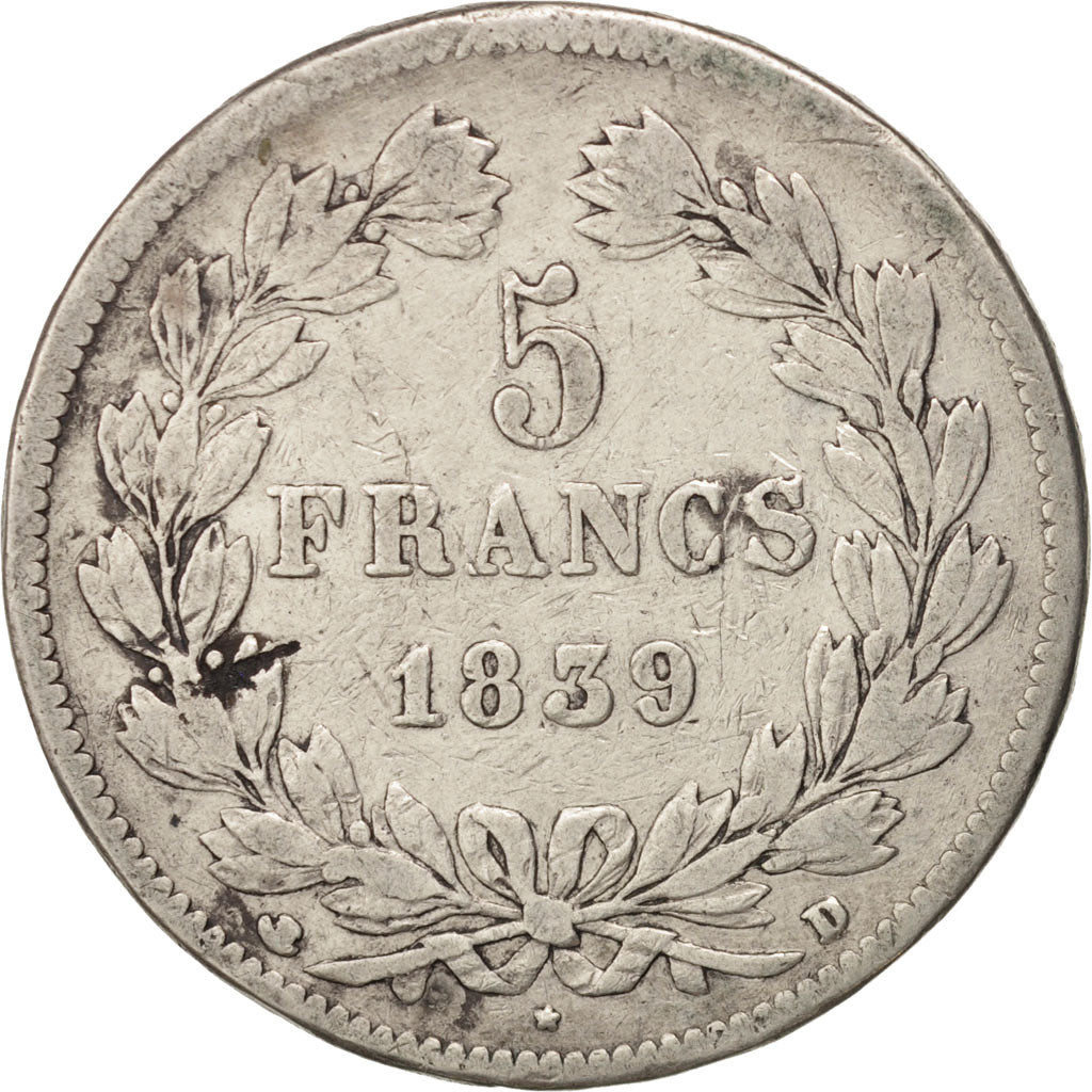 Moneta, Francia, Louis-Philippe, 5 Francs, 1839, Lyon, MB+, Argento, KM:749.4