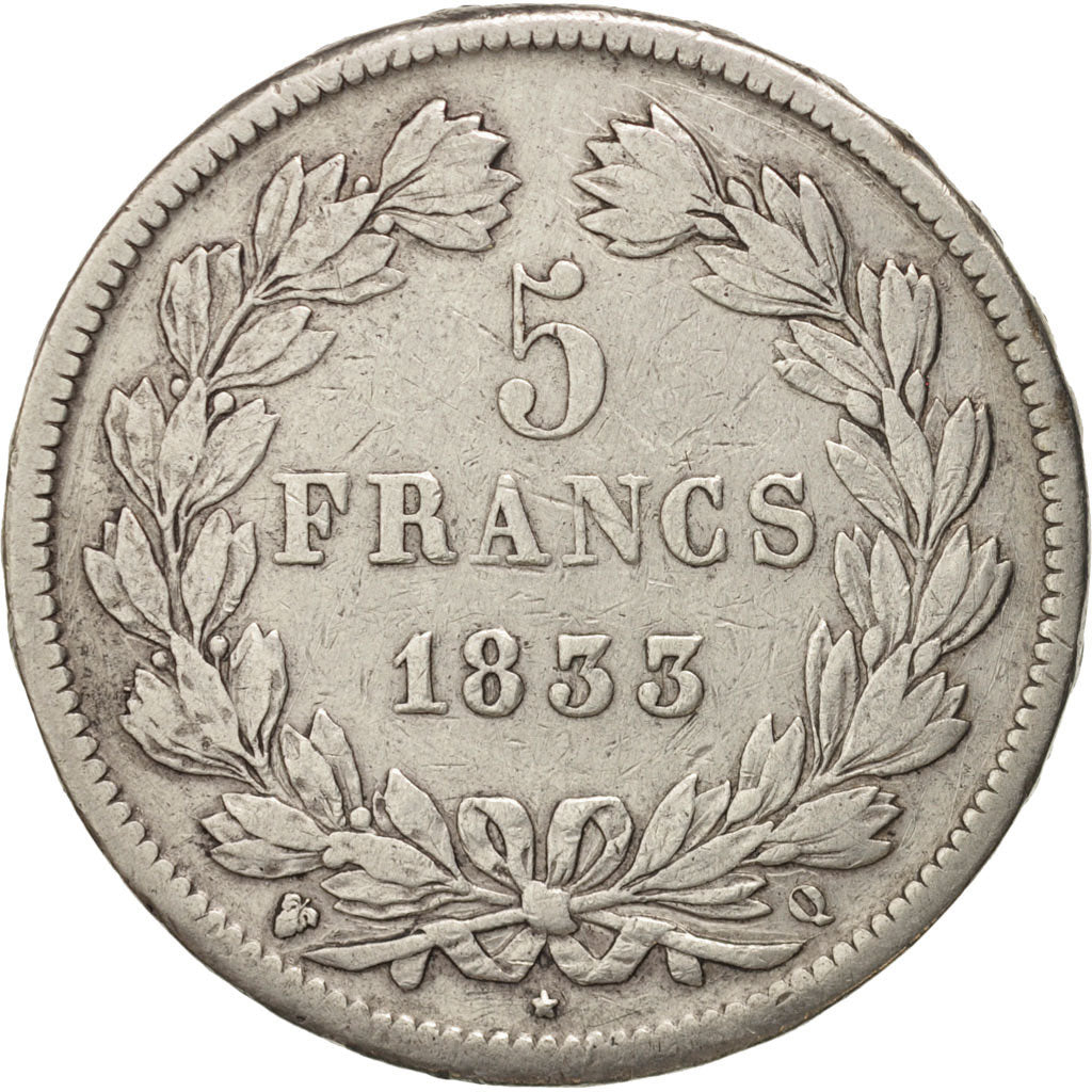 Moneda, Francia, Louis-Philippe, 5 Francs, 1833, Perpignan, BC+, Plata