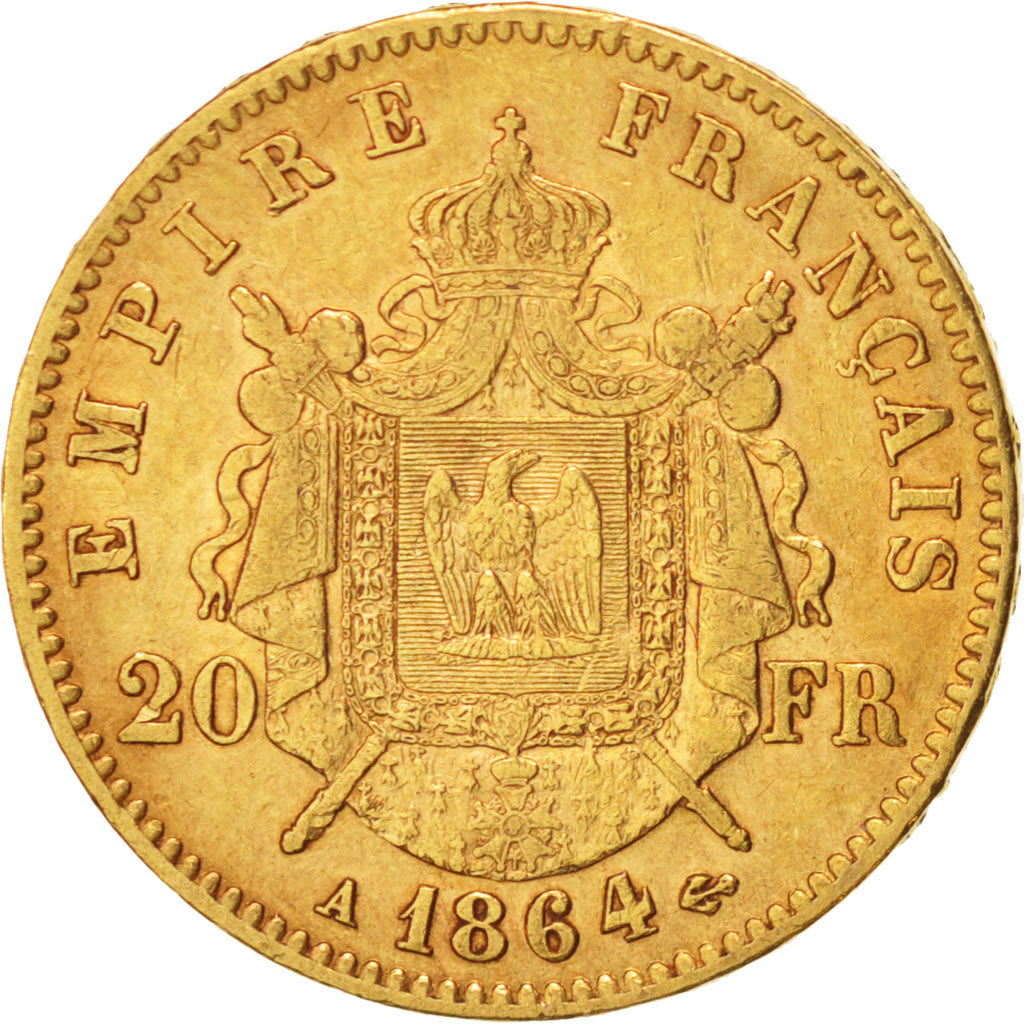Moneta, Francia, Napoleon III, Napoléon III, 20 Francs, 1864, Paris, BB, Oro