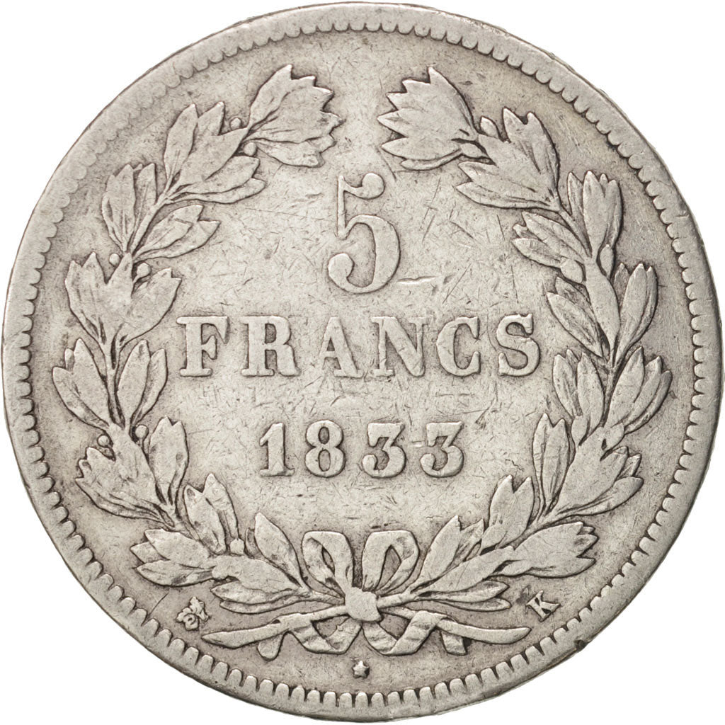 Coin, France, Louis-Philippe, 5 Francs, 1833, Bordeaux, VF(20-25), Silver