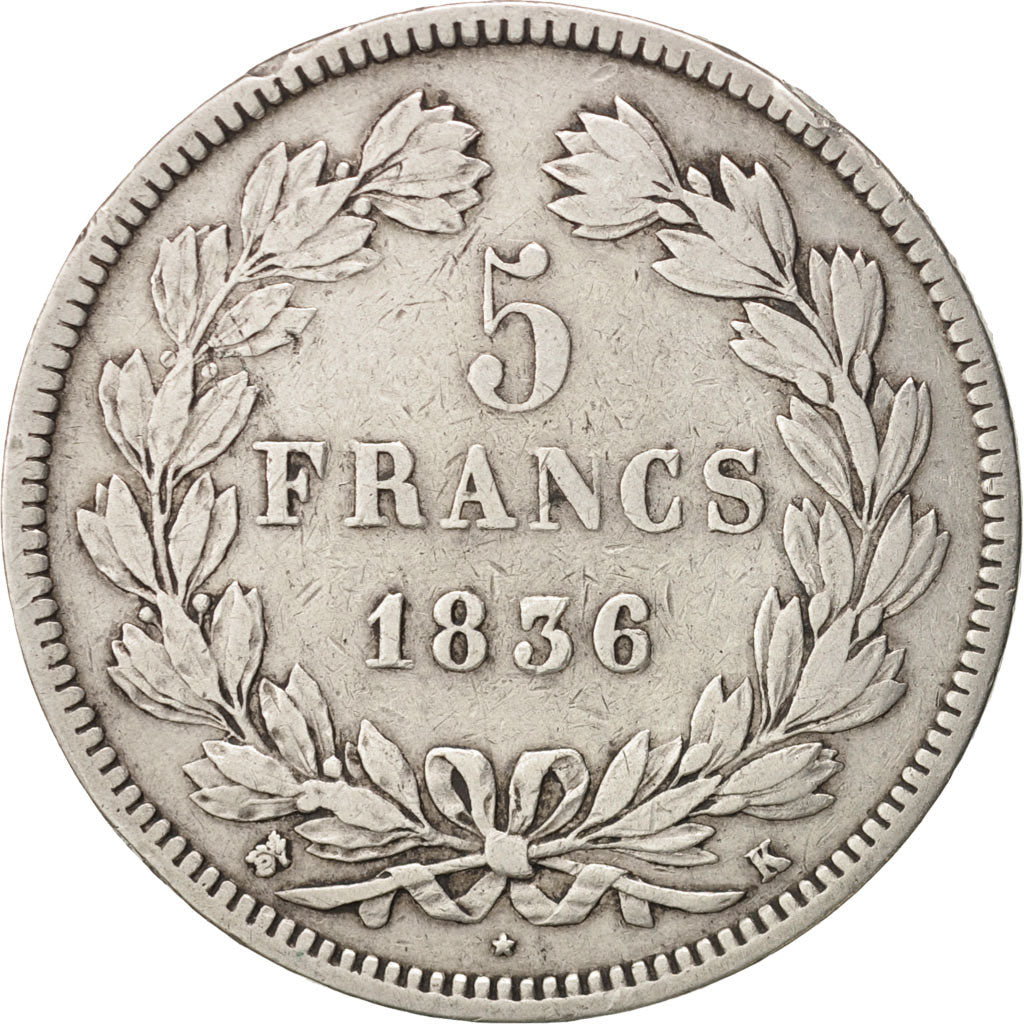 Coin, France, Louis-Philippe, 5 Francs, 1836, Bordeaux, VF(30-35), Silver