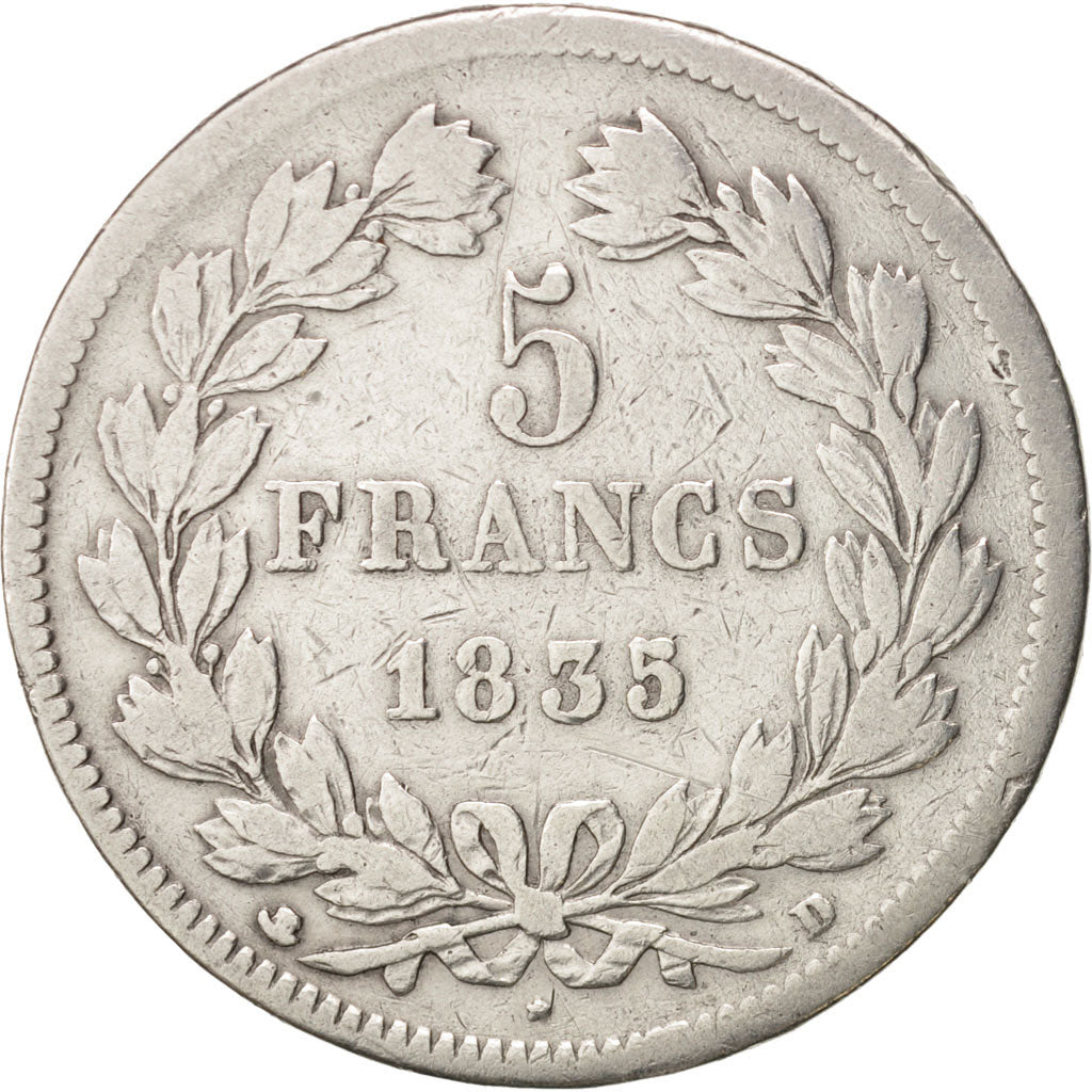 Coin, France, Louis-Philippe, 5 Francs, 1835, Lyon, VF(20-25), Silver, KM:749.4