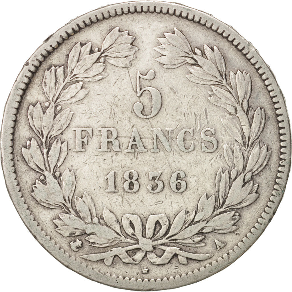 Moneta, Francia, Louis-Philippe, 5 Francs, 1836, Paris, MB+, Argento, KM:749.1