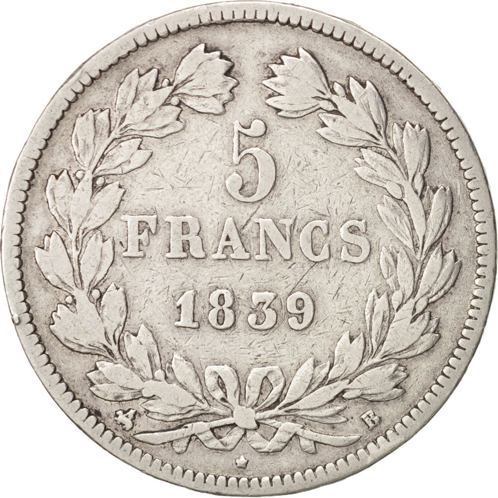 Moneta, Francia, Louis-Philippe, 5 Francs, 1839, Rouen, MB, Argento, KM:749.2