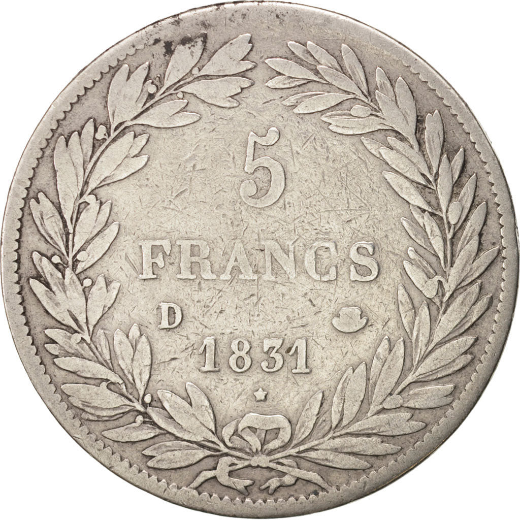 France, Louis-Philippe, 5 Francs, 1831, Lyon, VF(20-25), Silver, KM:735.4