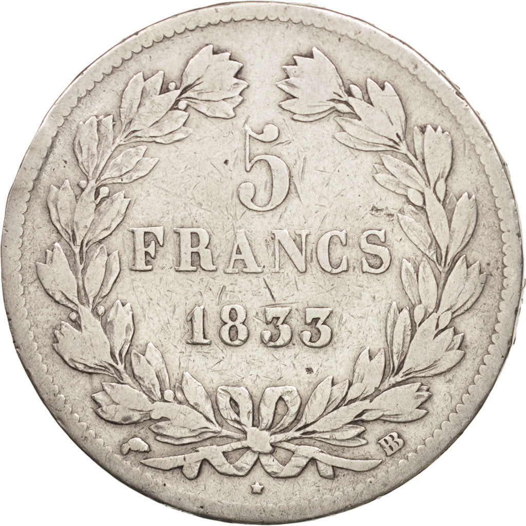 Francia, Louis-Philippe, 5 Francs, 1833, Strasbourg, MB, Argento, KM:749.3
