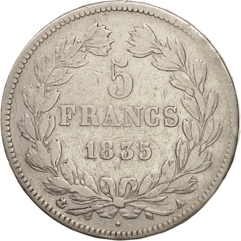 Francia, Louis-Philippe, 5 Francs, 1835, Paris, BC+, Plata, KM:749.1