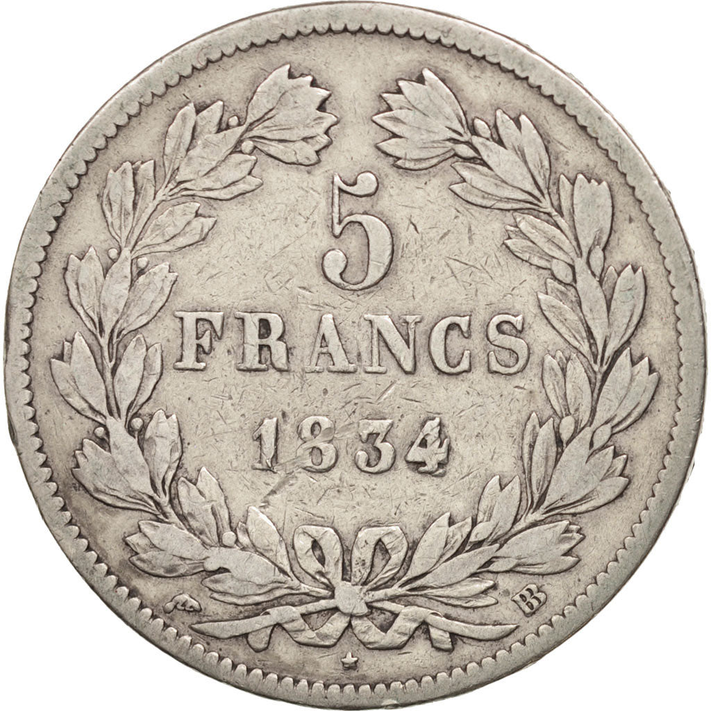 France, Louis-Philippe, 5 Francs, 1834, Strasbourg, VF(20-25), Silver, KM:749.3