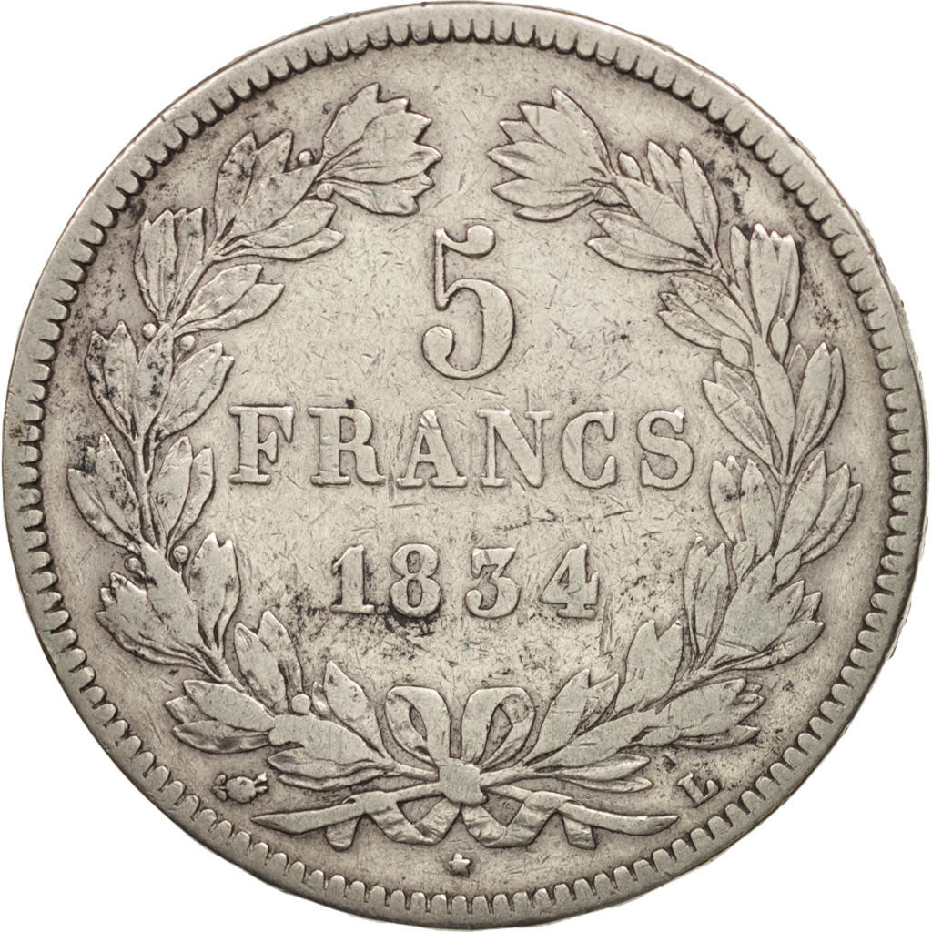 Moneta, Francia, Louis-Philippe, 5 Francs, 1834, Bayonne, MB, Argento, KM:749.8