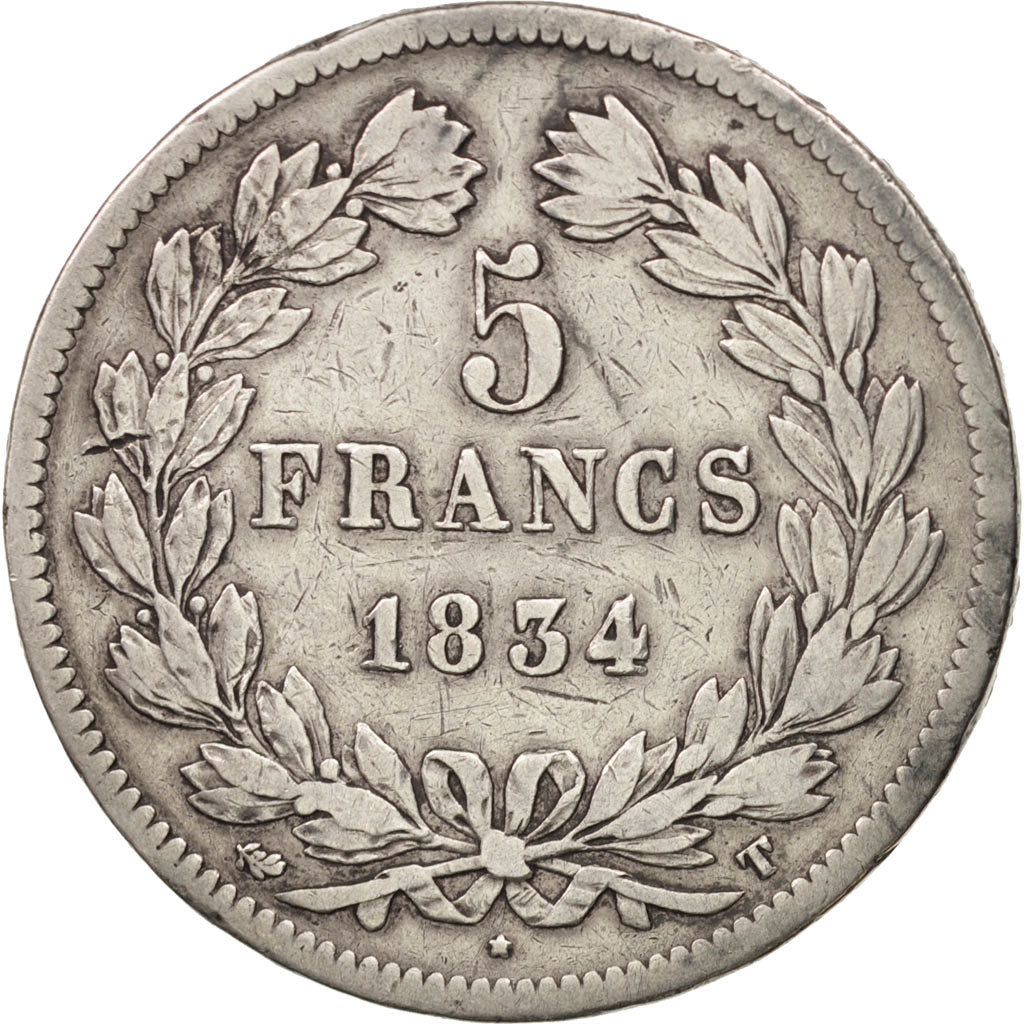 France, Louis-Philippe, 5 Francs, 1834,Nantes, VF(20-25), Silver, KM:749.12