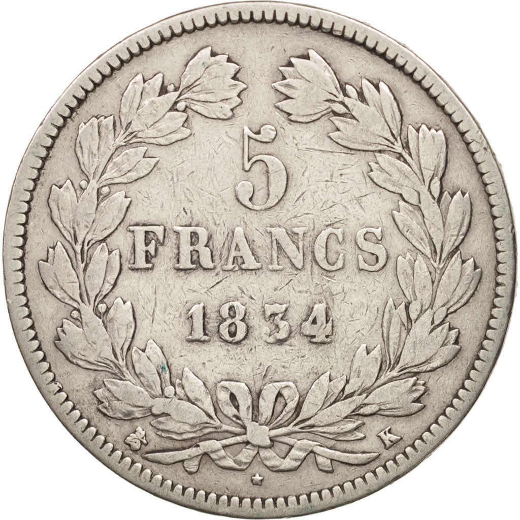 France, Louis-Philippe, 5 Francs, 1834, Bordeaux, VF(20-25), Silver, KM:749.7
