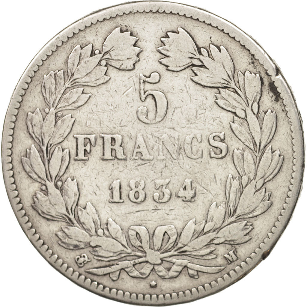 Moneda, Francia, Louis-Philippe, 5 Francs, 1834, Toulouse, BC+, Plata, KM:749.9