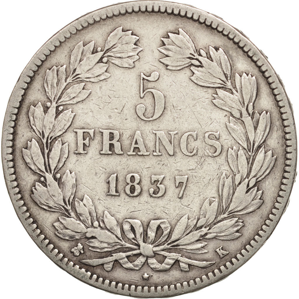France, Louis-Philippe, 5 Francs, 1837, Bordeaux,TB+,KM:749.7,Gad 678