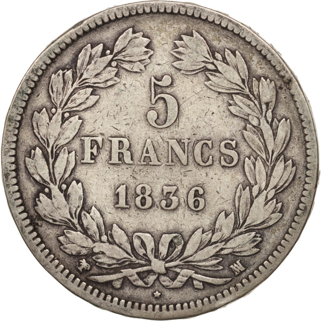 Francia, Louis-Philippe, 5 Francs, 1836, Toulouse, BC+, Plata, KM:749.9
