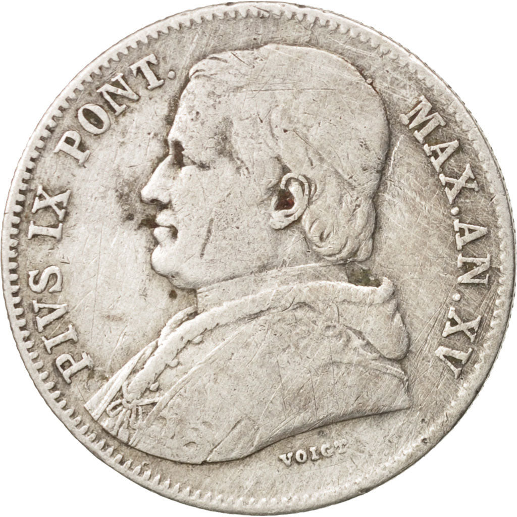 ITALIAN STATES, Pius IX, 20 Baiocchi, 1860, Roma, VF(20-25),KM 1360