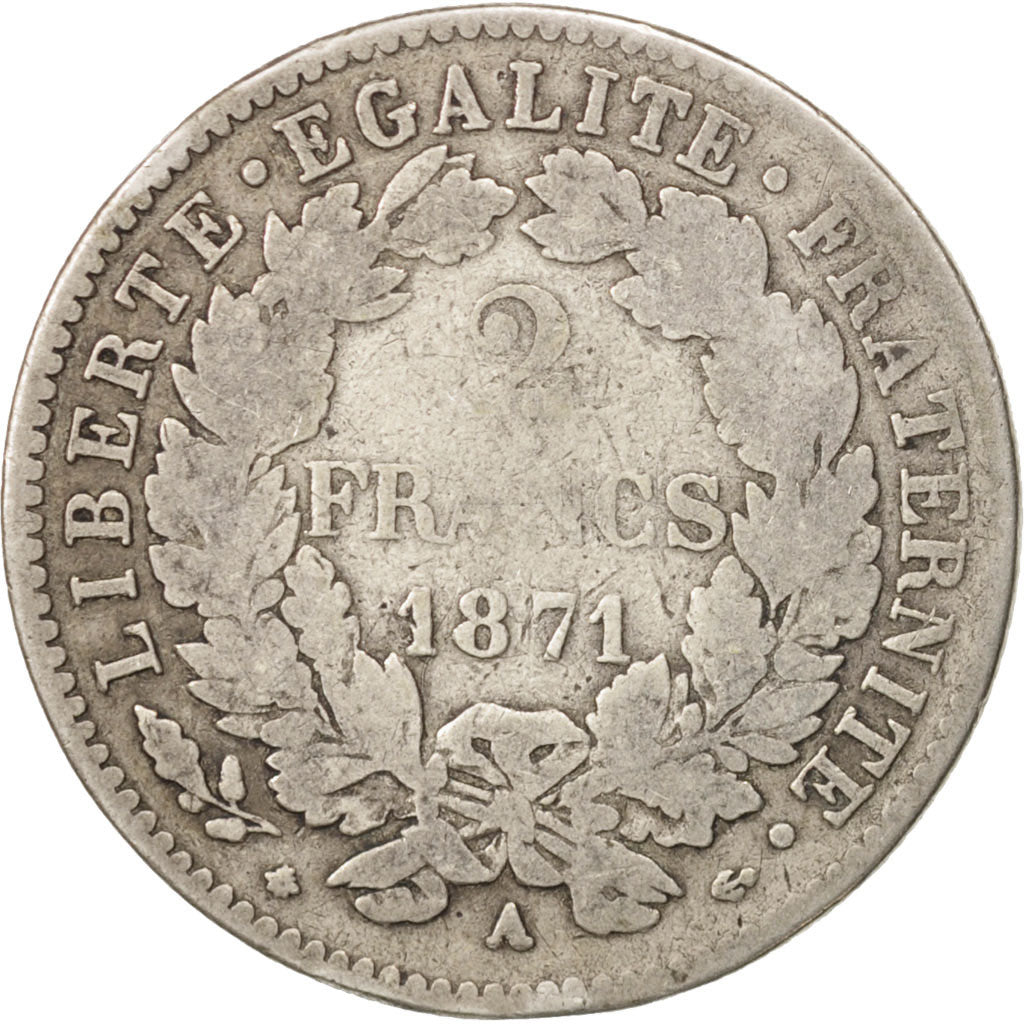 Francia, Cérès, 2 Francs, 1871, Paris, B+, Argento, KM:817.1, Gadoury:530