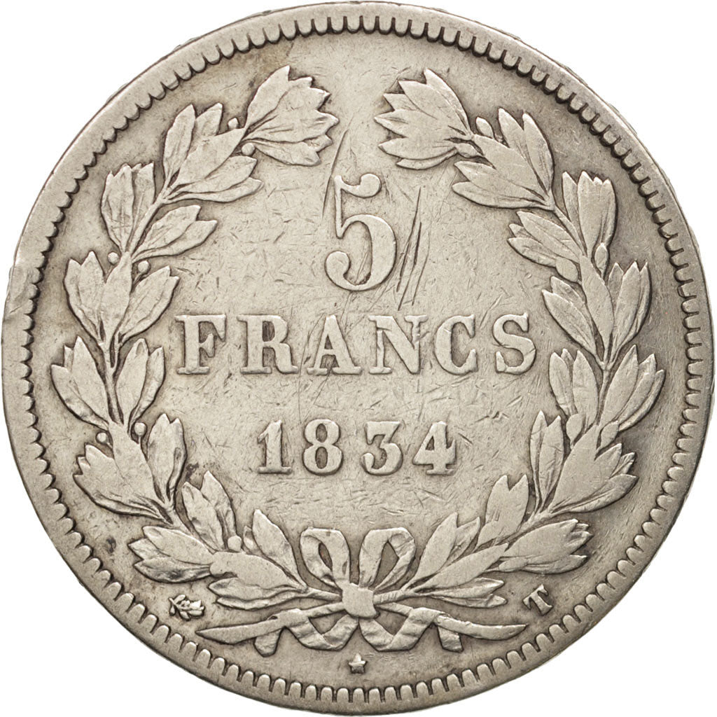 France, Louis-Philippe, 5 Francs, 1834, Nantes, VF(20-25), Silver, KM:749.12