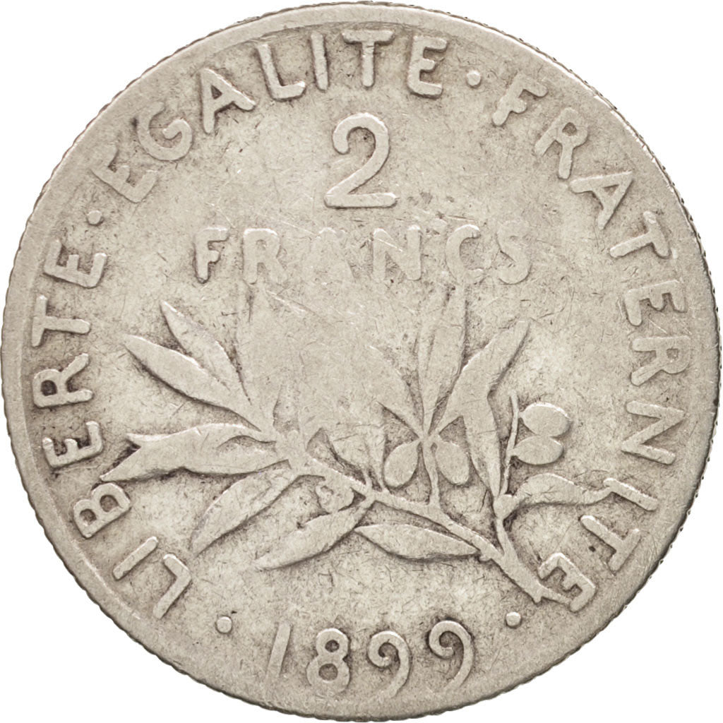 France, Semeuse, 2 Francs, 1899, Paris, F(12-15), Silver, KM:845.1, Gadoury:532