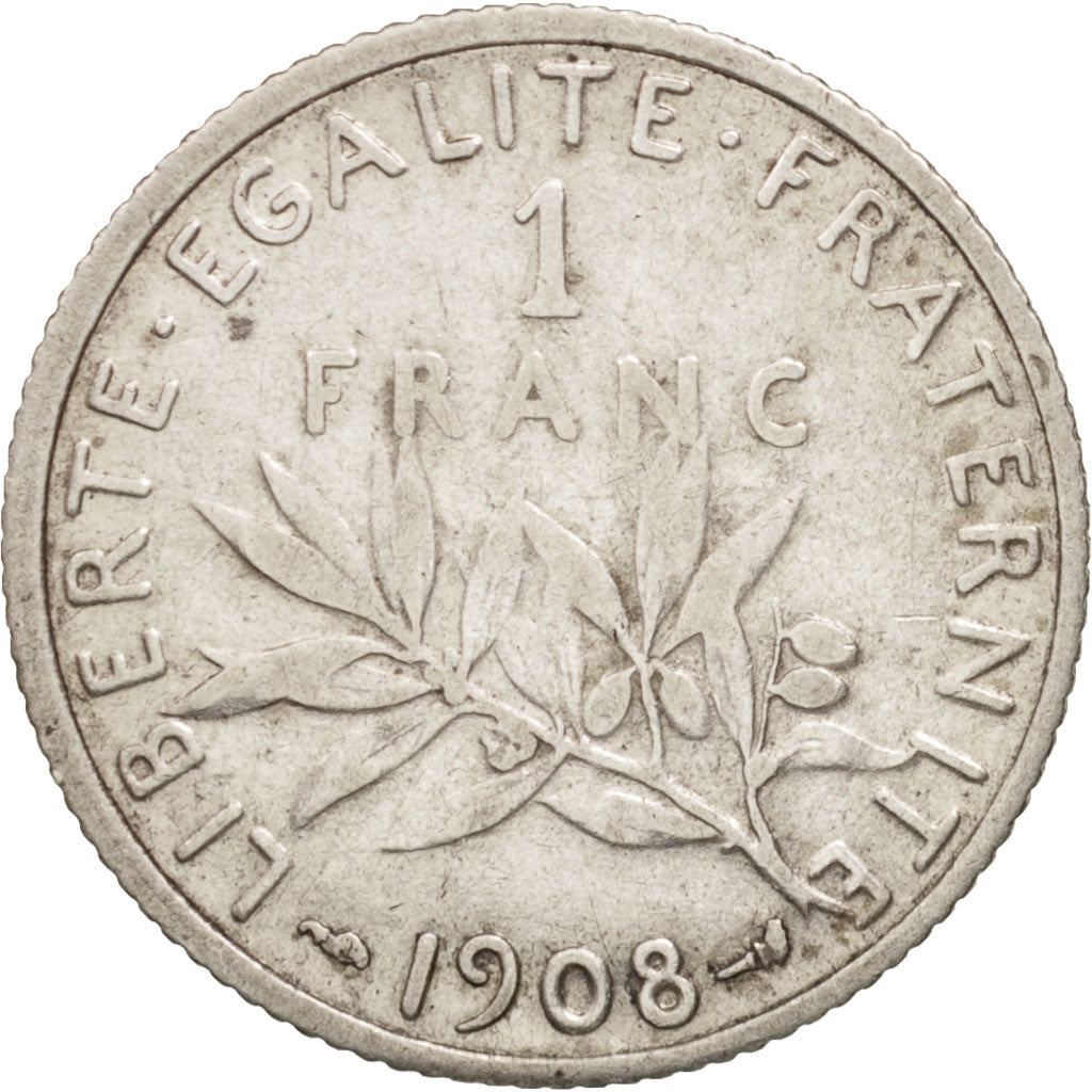 France, Semeuse, Franc, 1908, Paris, TB+, Argent, KM:844.1, Gadoury:467