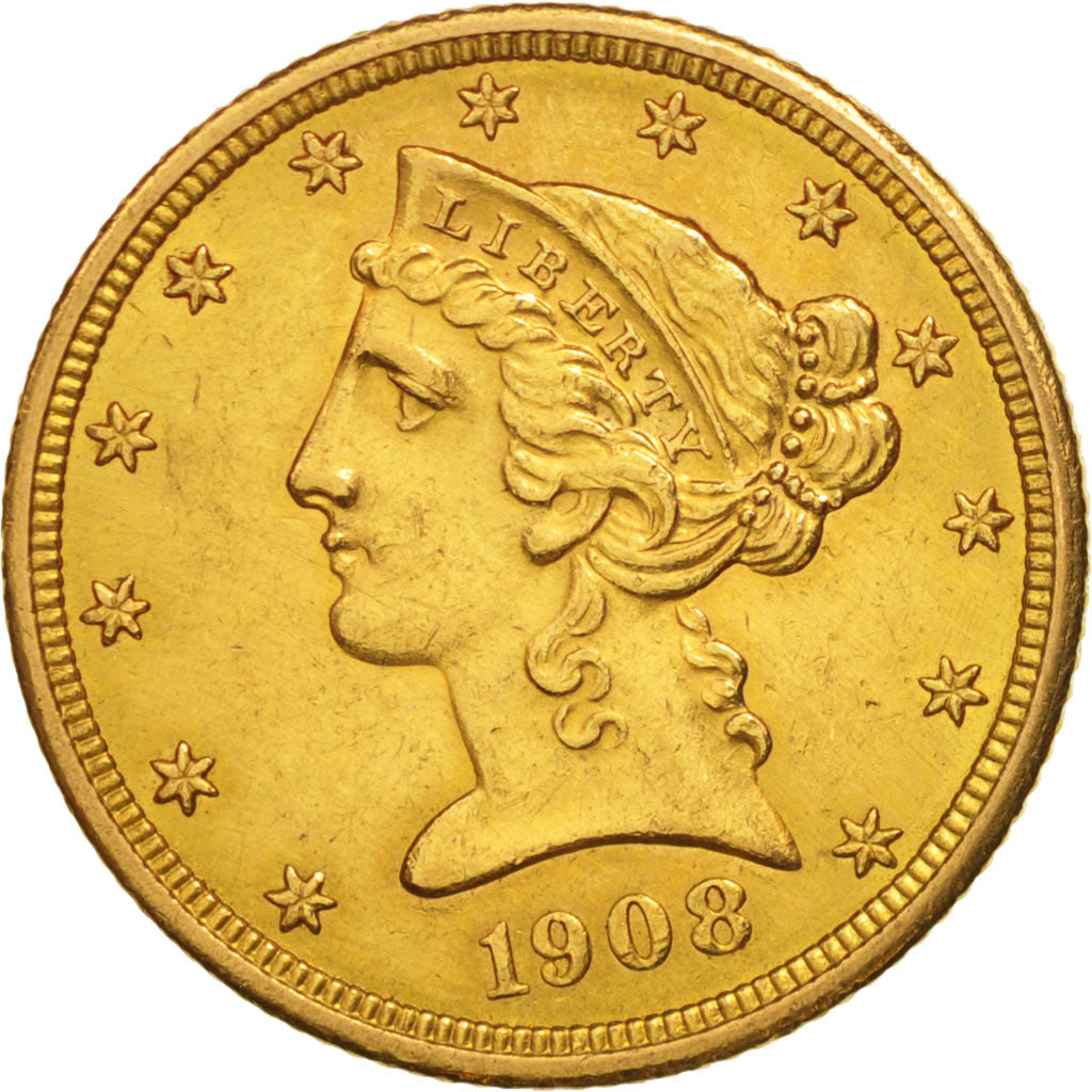 United States, Coronet Head, $5,1908, Philadelphia, AU(55-58),KM 101