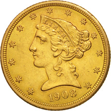 United States, Coronet Head, $5,1908, Philadelphia, AU(55-58),KM 101