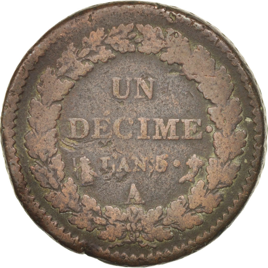 Moneta, Francia, Dupré, Decime, 1796, Paris, B+, Bronzo, KM:644.1, Gadoury:187