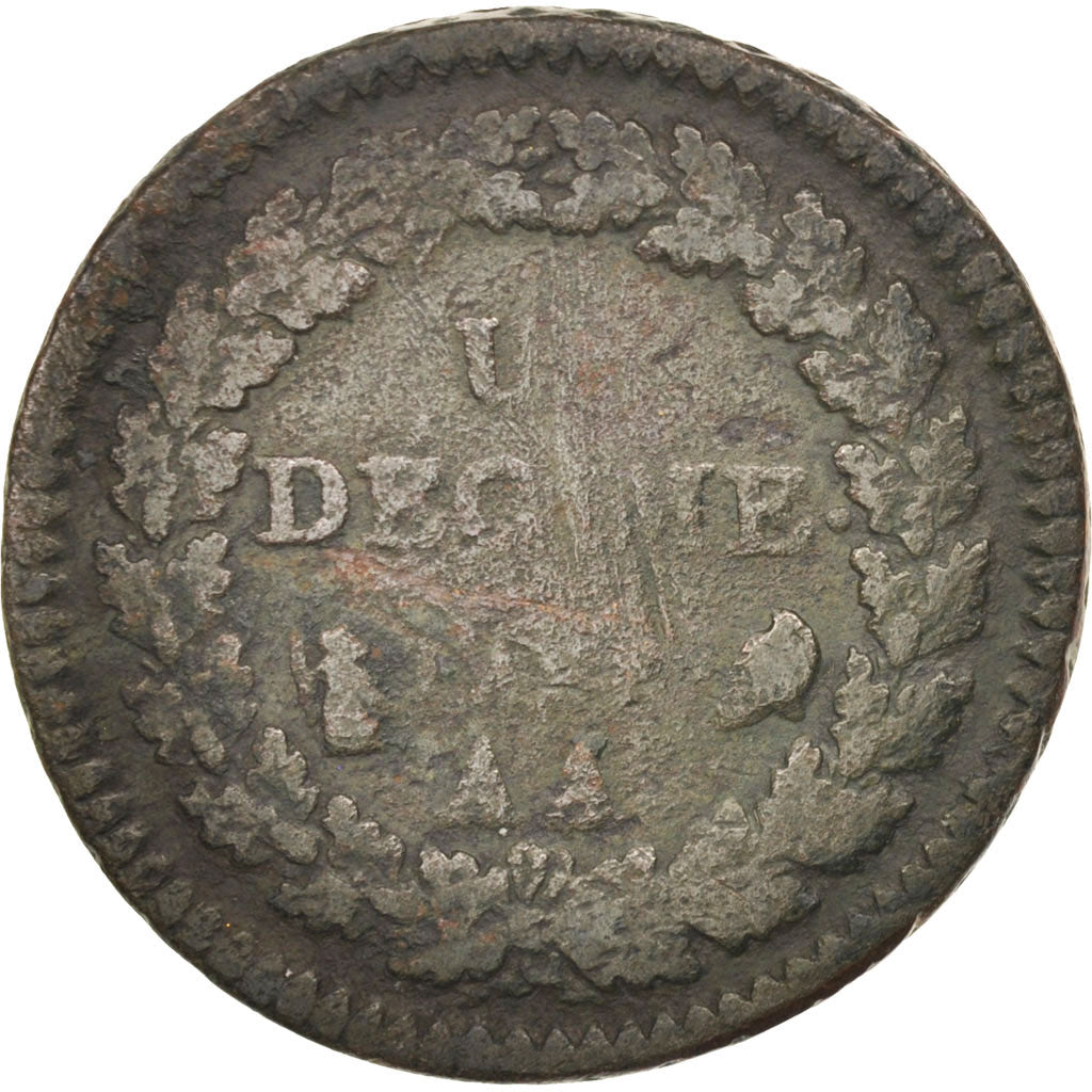 Moneda, Francia, Dupré, Decime, 1799, Metz, BC, Bronce, KM:644.2, Gadoury:187a
