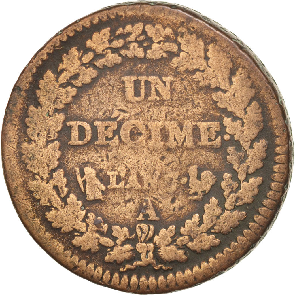 France, Dupré, Decime, 1798, Paris, F(12-15), Bronze, KM:644.1, Gadoury:187