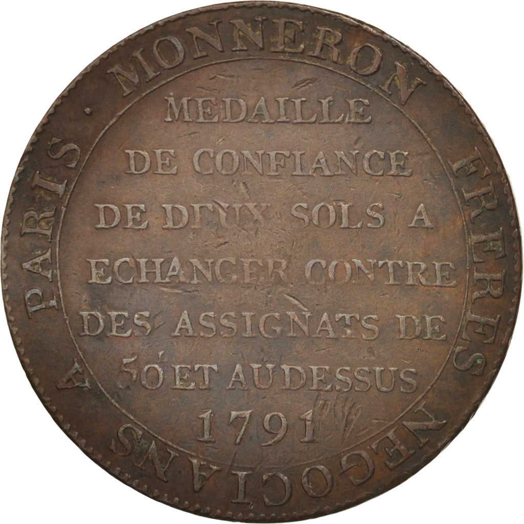 France, 2 Sols, 1791, Birmingham, VF(30-35), Bronze, KM:Tn23