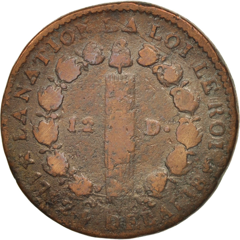 Moneda, Francia, 12 deniers françois, 12 Deniers, 1792, Marseille, BC, Bronce