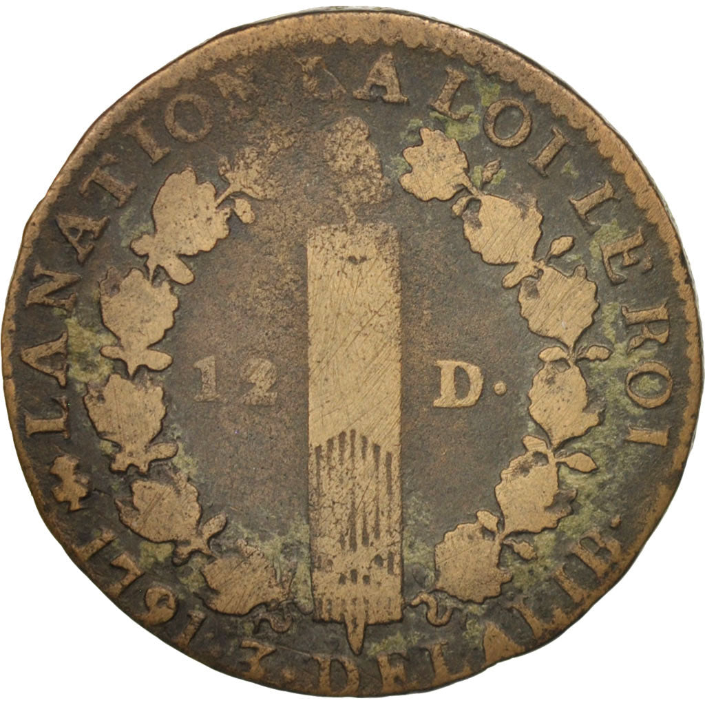 France, 12 deniers françois, 1791, Paris, F(12-15), Bronze, KM 600.1