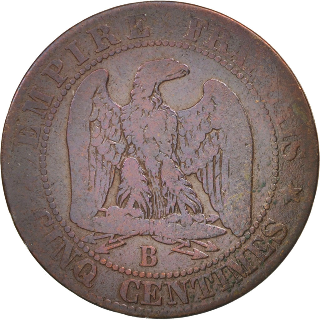 France, Napoleon III, 5 Centimes, 1855, Rouen, B+, Bronze, KM 777.2, Gad 152