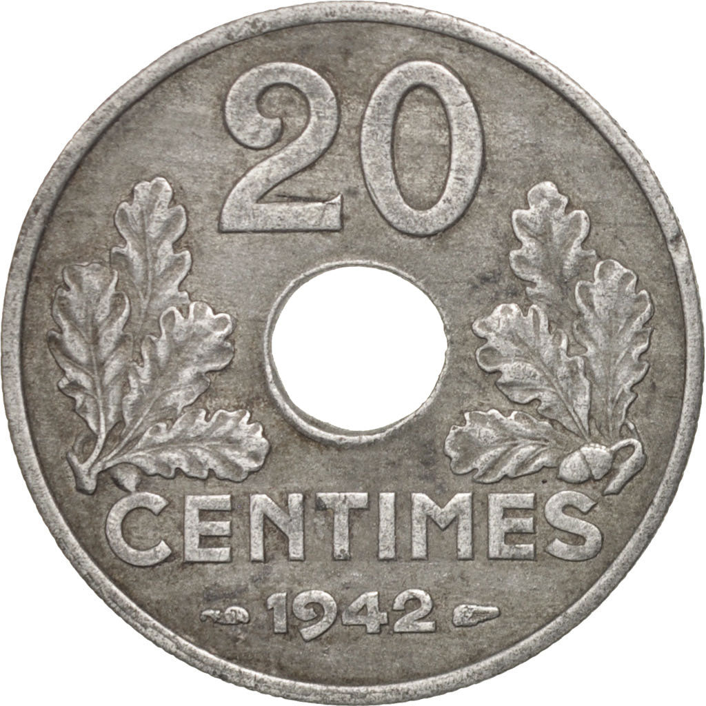 Francia, État français, 20 Centimes, 1942, Paris, BC+, Cinc, KM:900.2