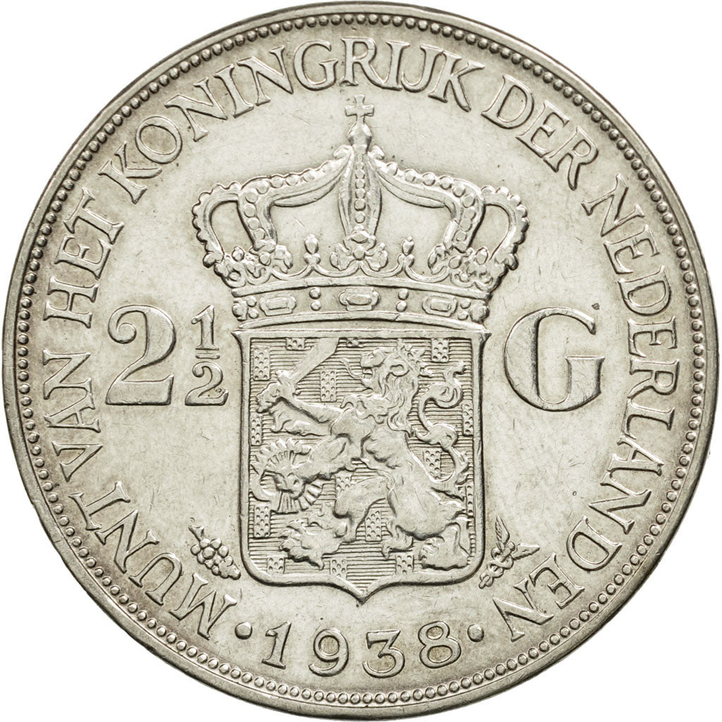 Netherlands, Wilhelmina I, 2-1/2 Gulden, 1938, AU(50-53), Silver, KM:165