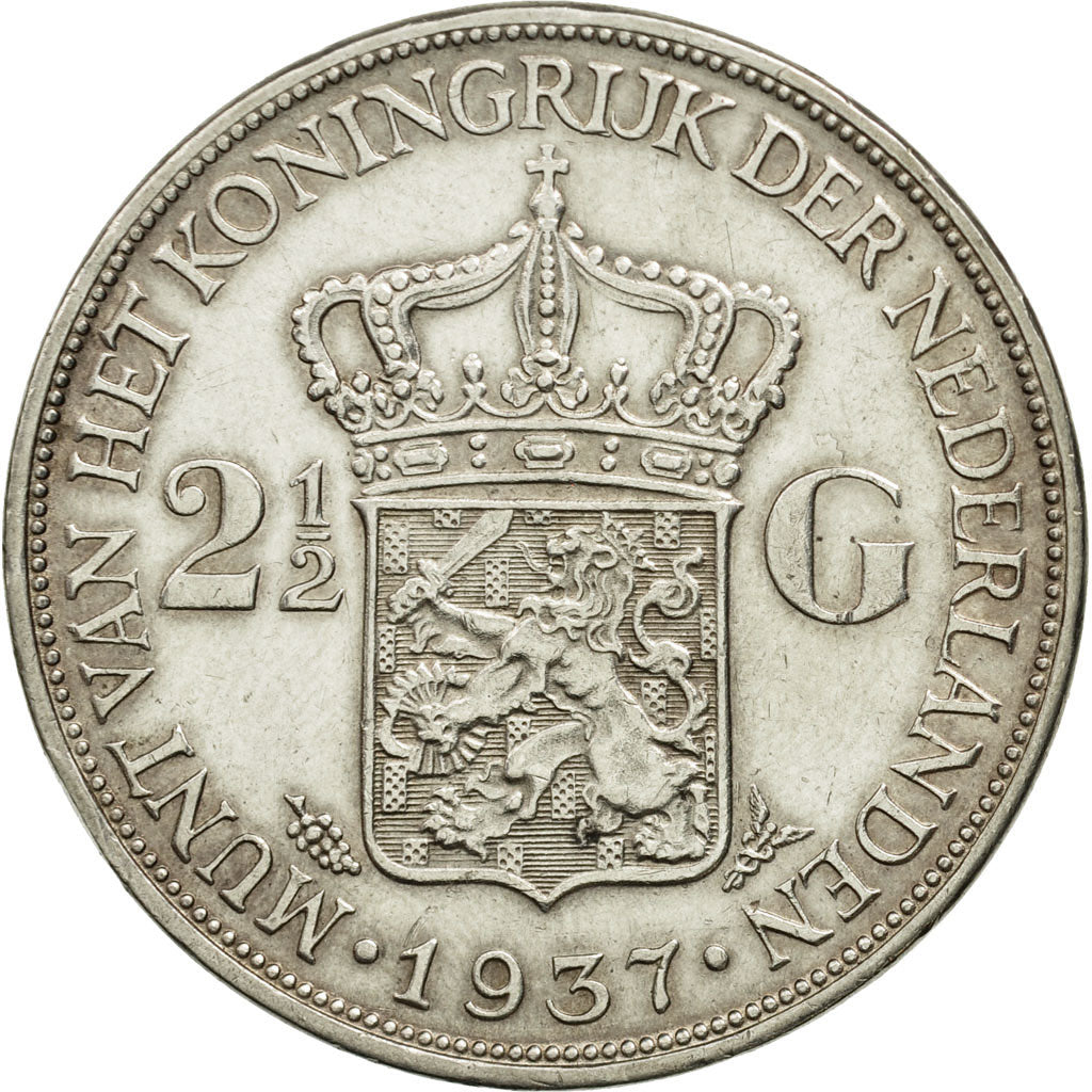Netherlands, Wilhelmina I, 2-1/2 Gulden, 1937, AU(50-53), Silver, KM:165