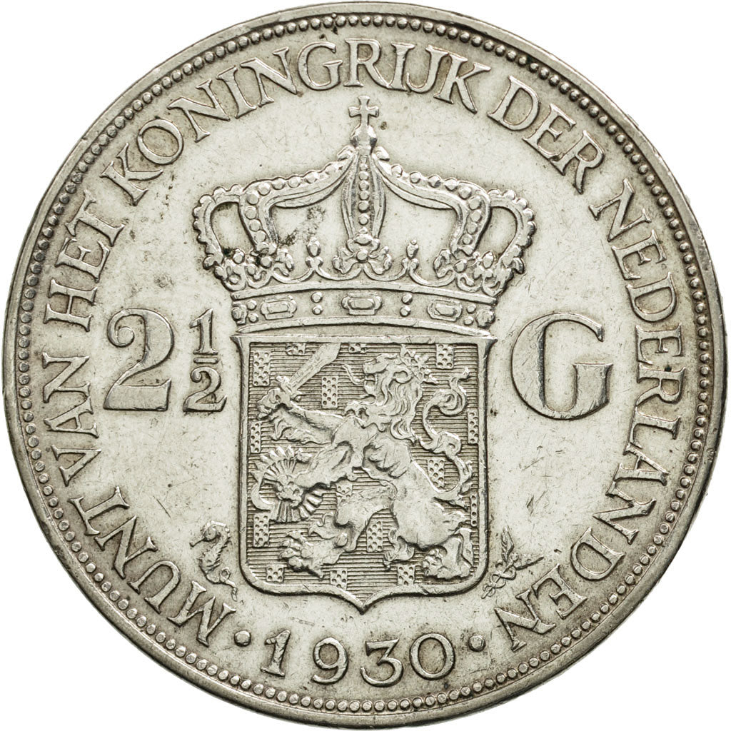 Netherlands, Wilhelmina I, 2-1/2 Gulden, 1930, AU(50-53), Silver, KM:165