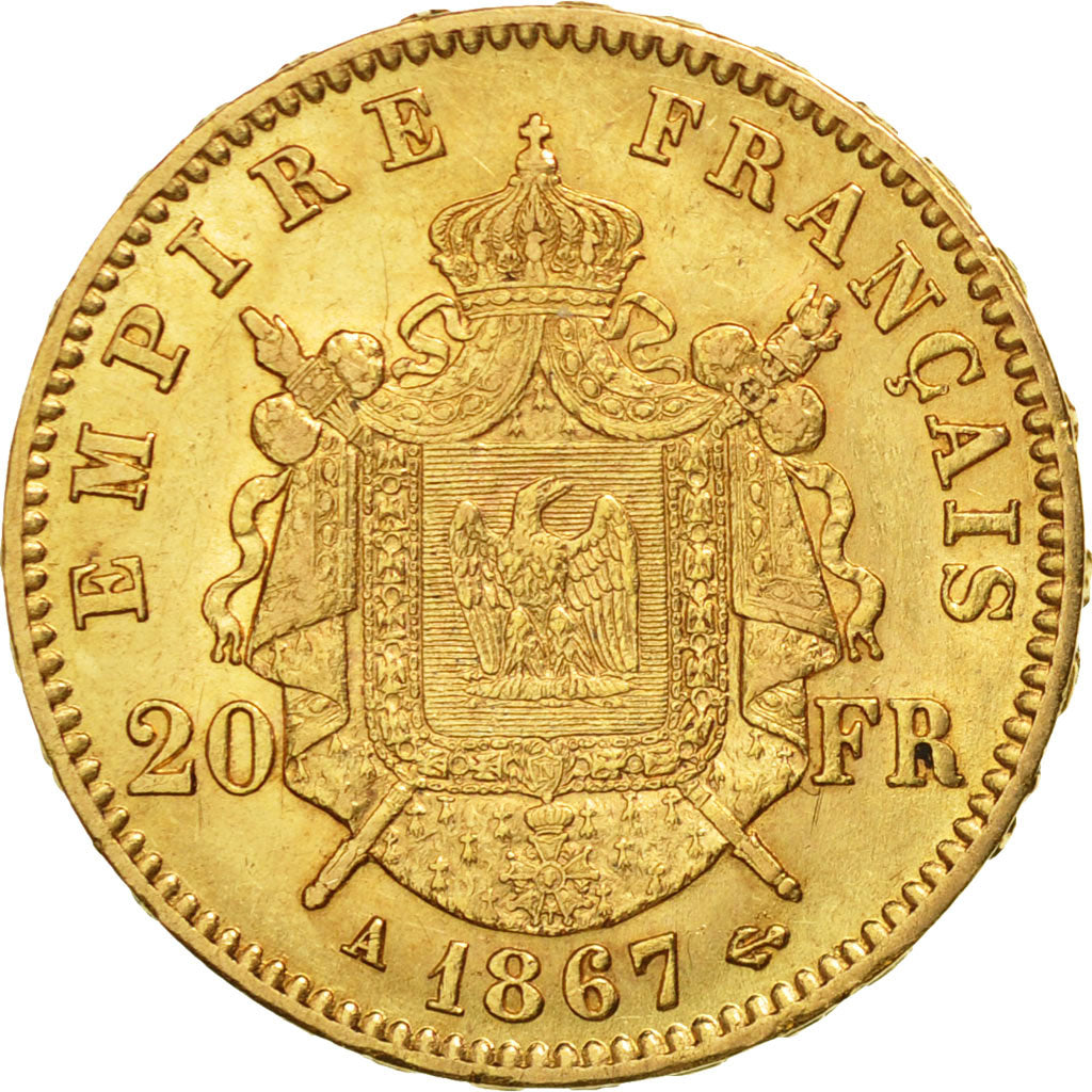 Moneda, Francia, Napoleon III, Napoléon III, 20 Francs, 1867, Paris, MBC+, Oro