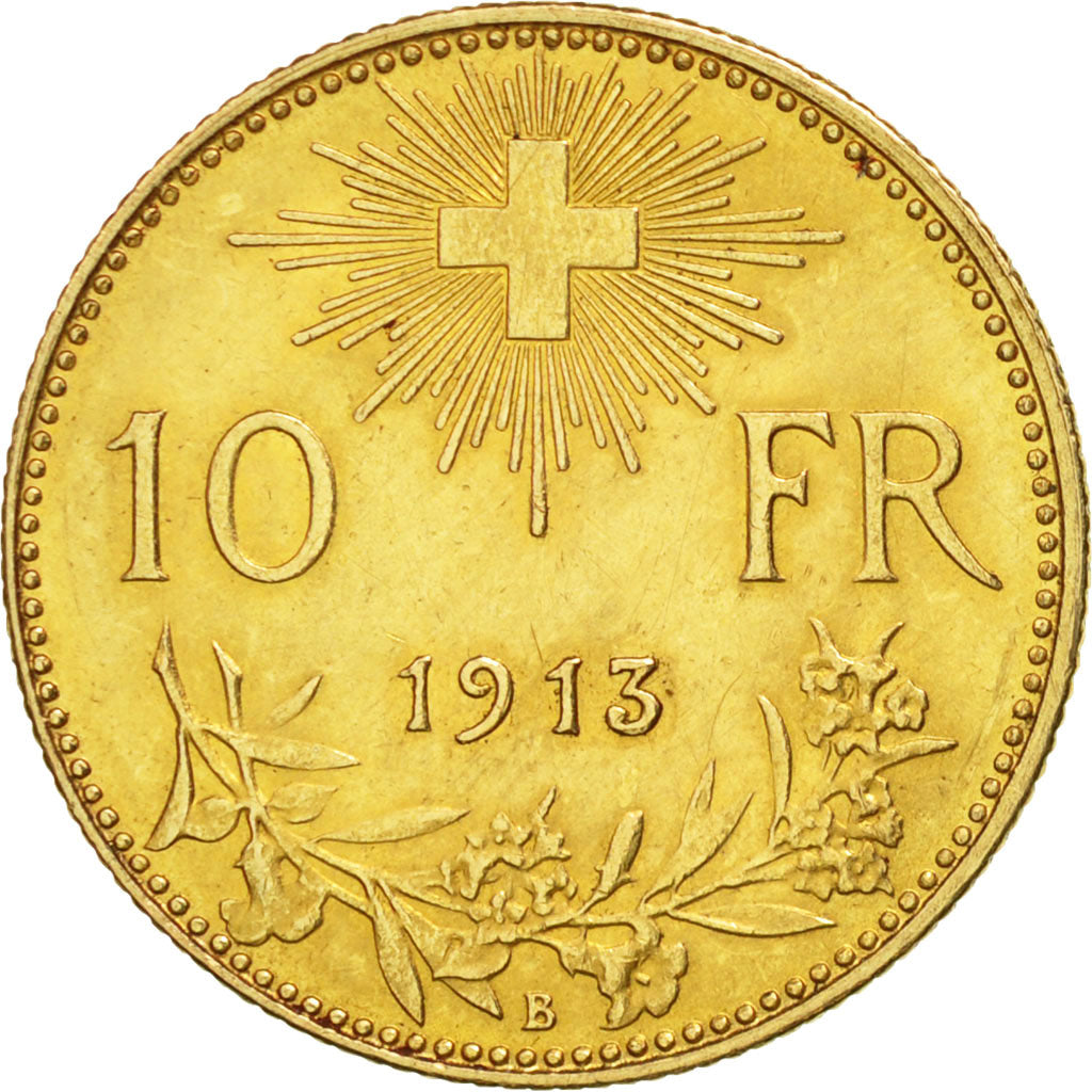 Switzerland, 10 Francs, 1913, Bern, AU(50-53), Gold, KM:36