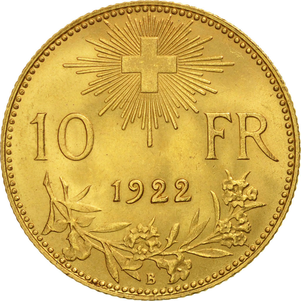 Coin, Switzerland, 10 Francs, 1922, Bern, AU(50-53), Gold, KM:36
