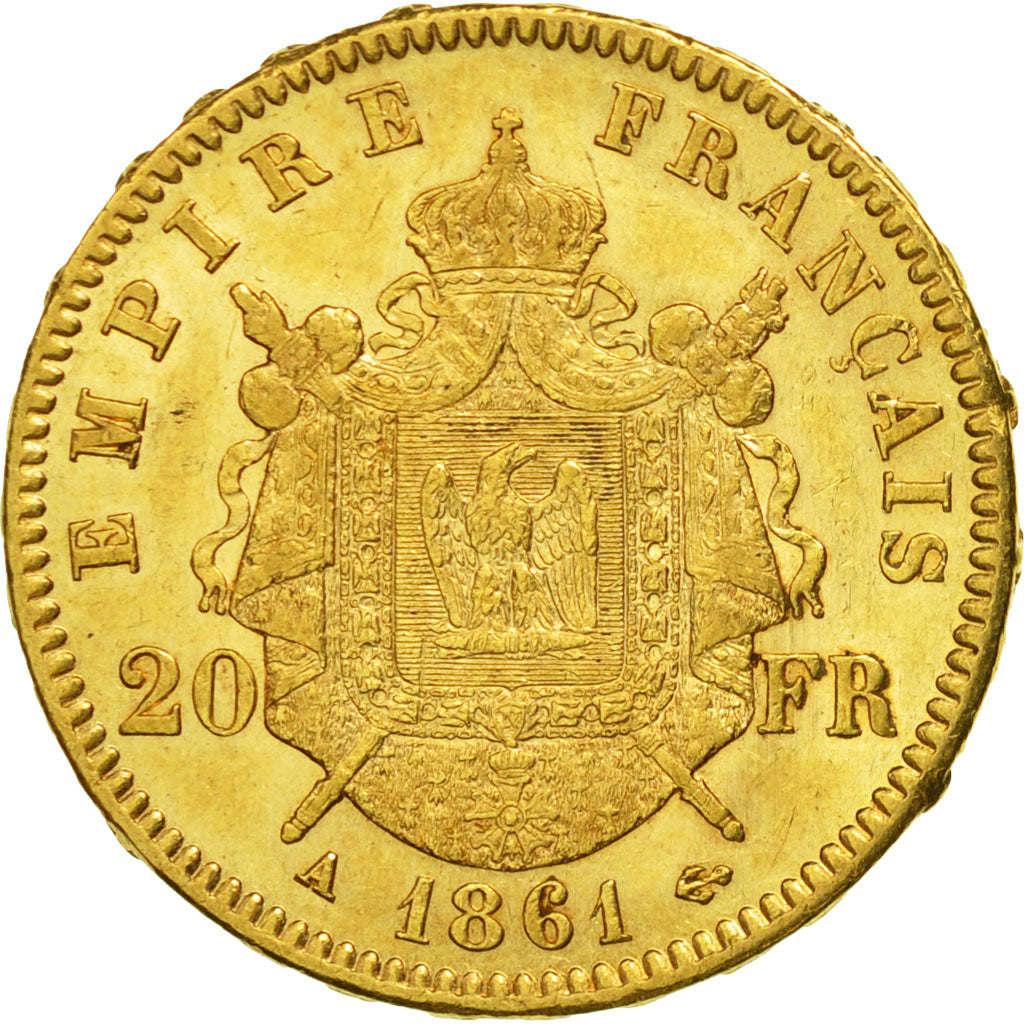 France, Napoleon III, 20 Francs, 1861, Paris, AU(55-58), Gold, KM 801.1