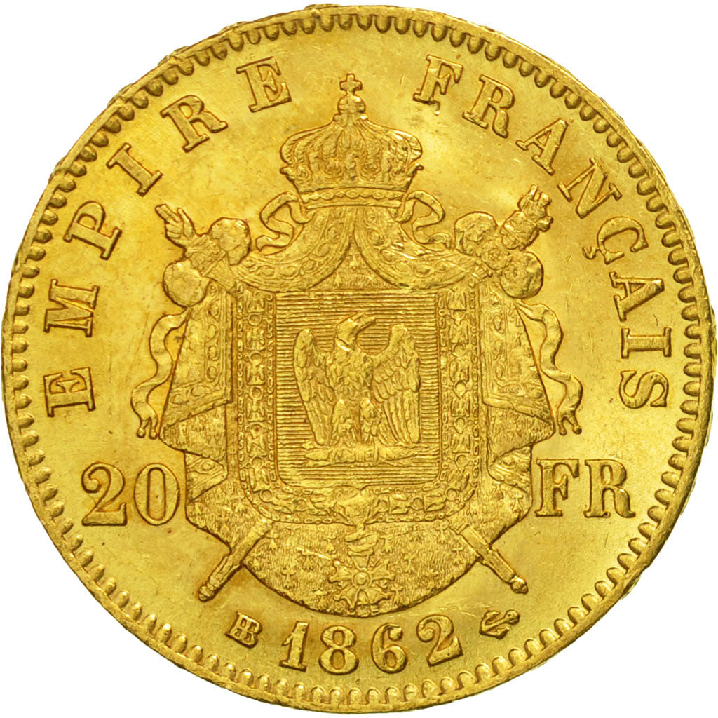 France, Napoleon III, 20 Francs, 1862, Strasbourg, AU(55-58) ,Gold, KM 801.2