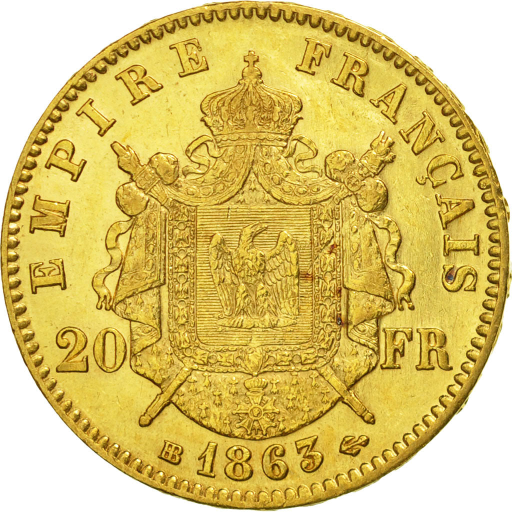 France, Napoleon III,  20 Francs, 1863, Strasbourg, AU(55-58), Gold, KM 801.2
