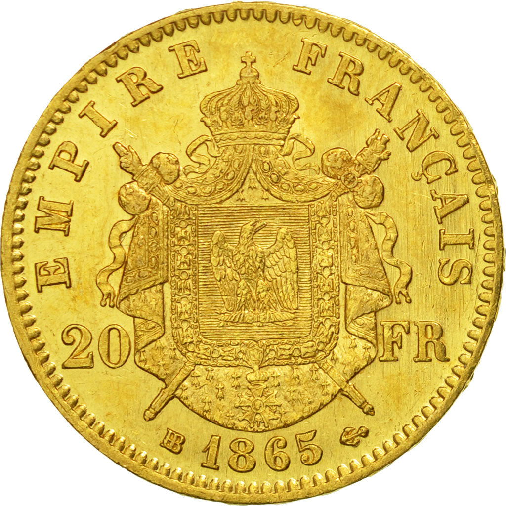 France, Napoleon III, 20 Francs, 1865, Strasbourg, AU(55-58), Gold, KM 801.2