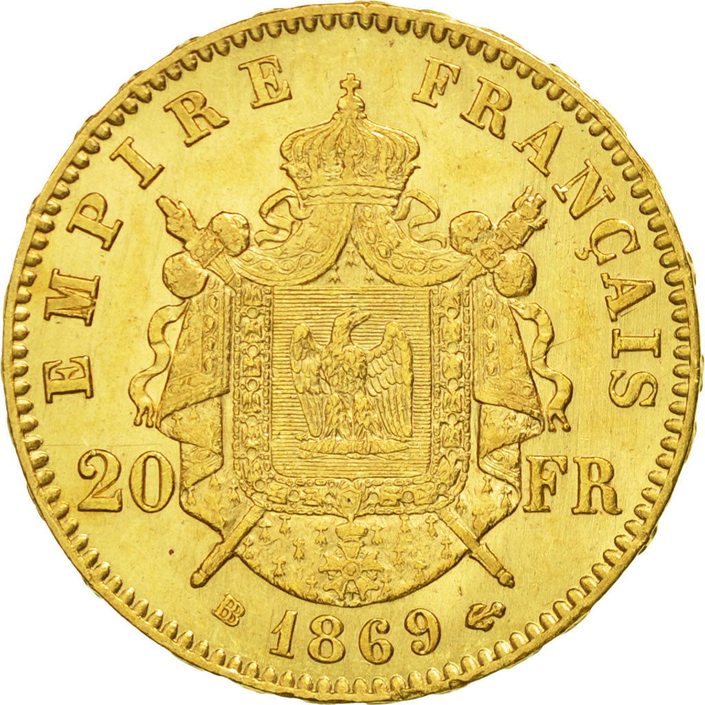 France, Napoleon III,  20 Francs, 1869, Strasbourg, AU(55-58), Gold, KM 801.2