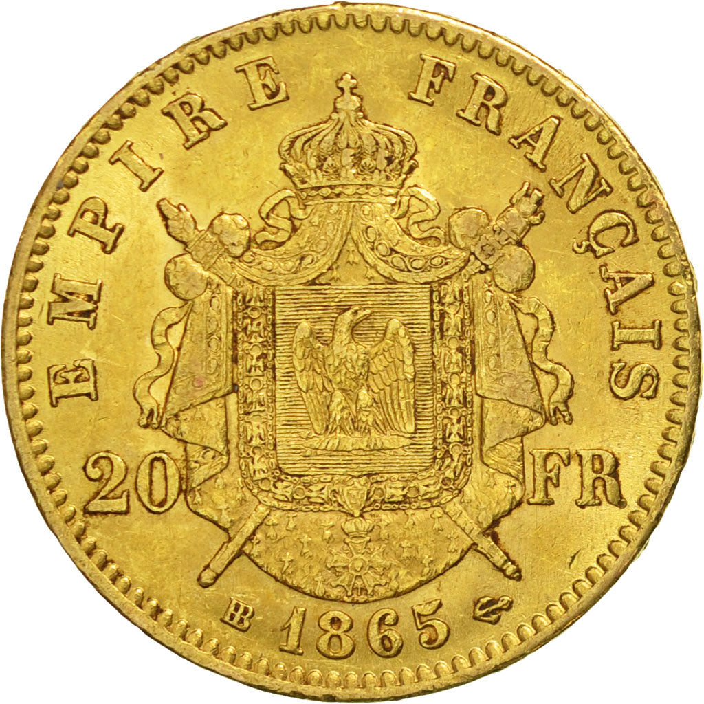 France, Napoleon III, 20 Francs, 1865, Strasbourg, AU(50-53), Gold, KM 801.2